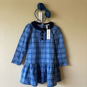 Janie and Jack Girls' Blue Plaid Long-Sleeve Dress Size 4T NWT w/ headband